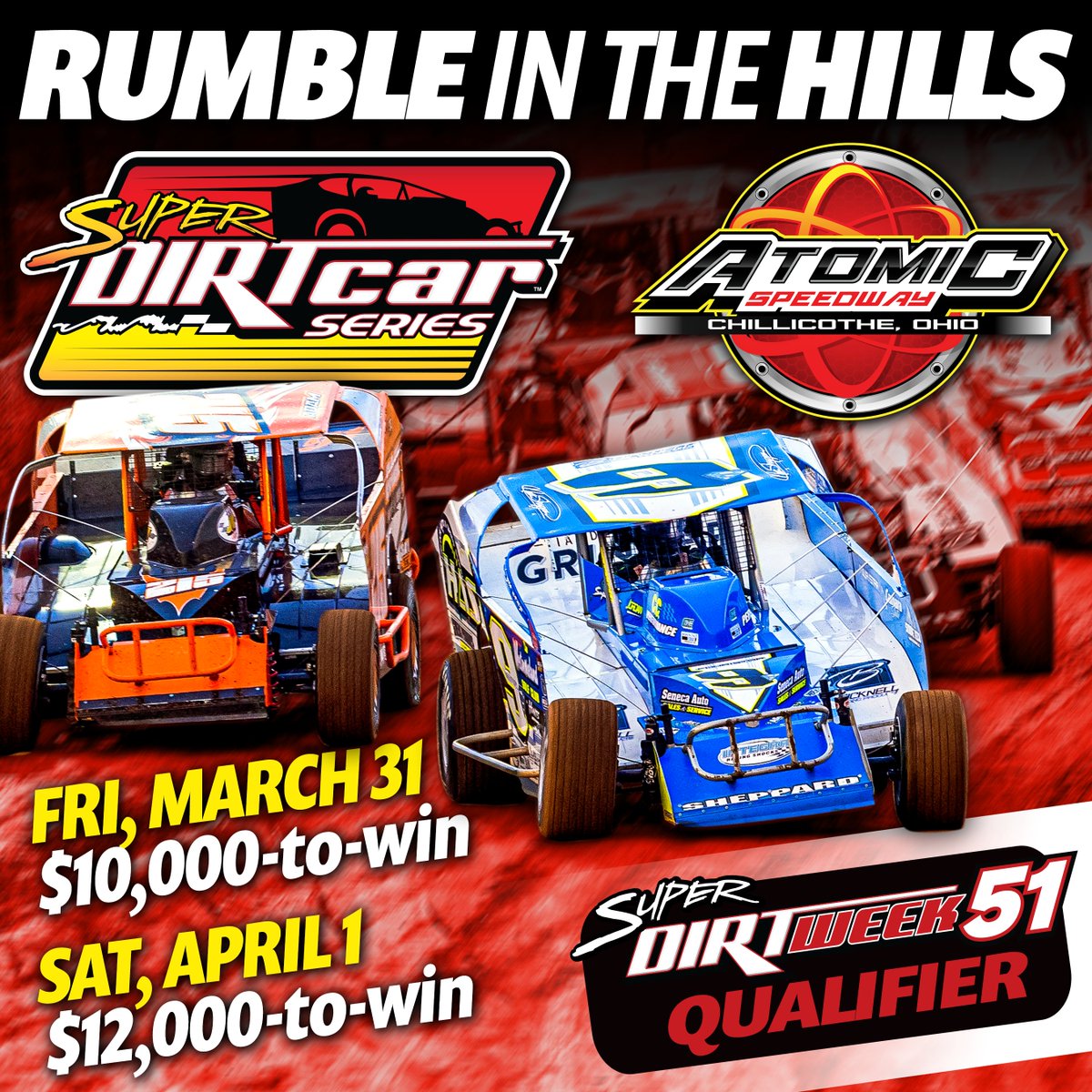 SuperDIRTcar's tweet photo. We've got a lot of great racing coming up in the next 30 days! 

March 31-April 1 at @AtomicSpeedway 
April 15 at @CanSpeedway 
April 23 at @bridgeportspeed 

Buckle up. 😎

For a look at the full schedule, visit: https://t.co/eWYGfUqRL5 https://t.co/5ZZknPBh8x