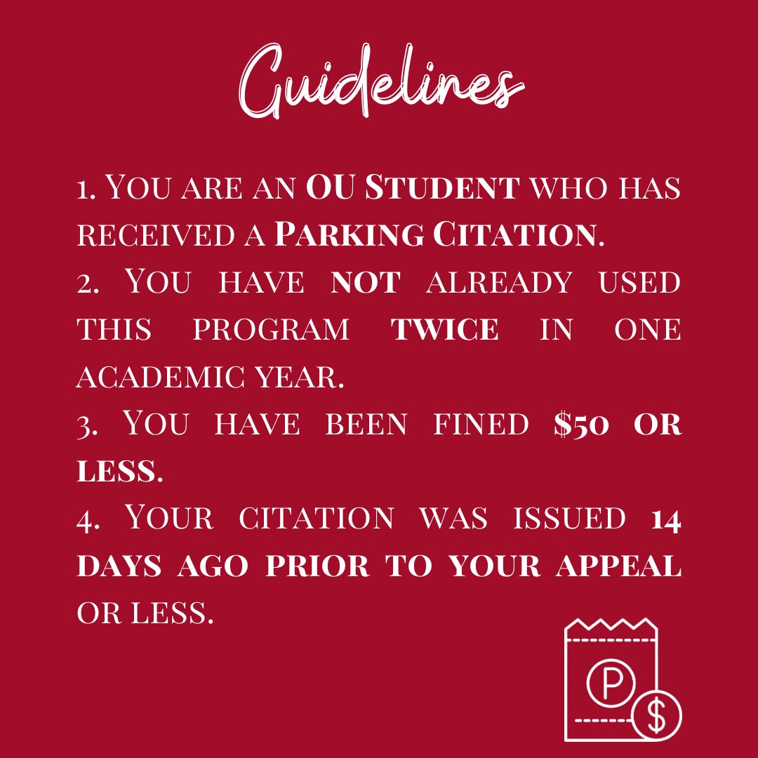 OUFoodPantry's tweet image. Did you receive an OU Parking Ticket? Follow this guide to get your citation dismissed by donating to the OU Food Pantry!! 

Reach out to SGA if you have any further questions or concerns!