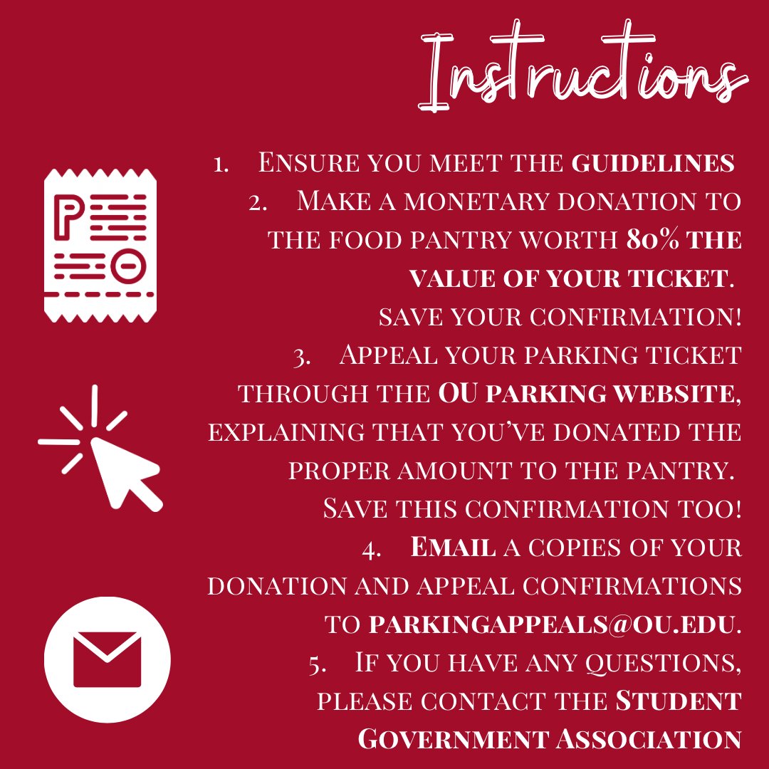 OUFoodPantry's tweet image. Did you receive an OU Parking Ticket? Follow this guide to get your citation dismissed by donating to the OU Food Pantry!! 

Reach out to SGA if you have any further questions or concerns!