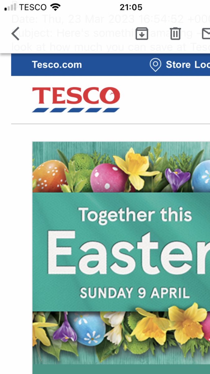 DellerAmy's tweet photo. @Tesco Spotted in my email (on your fab mobile network 😉) #CrackingEaster https://t.co/TW2ijLlVcg