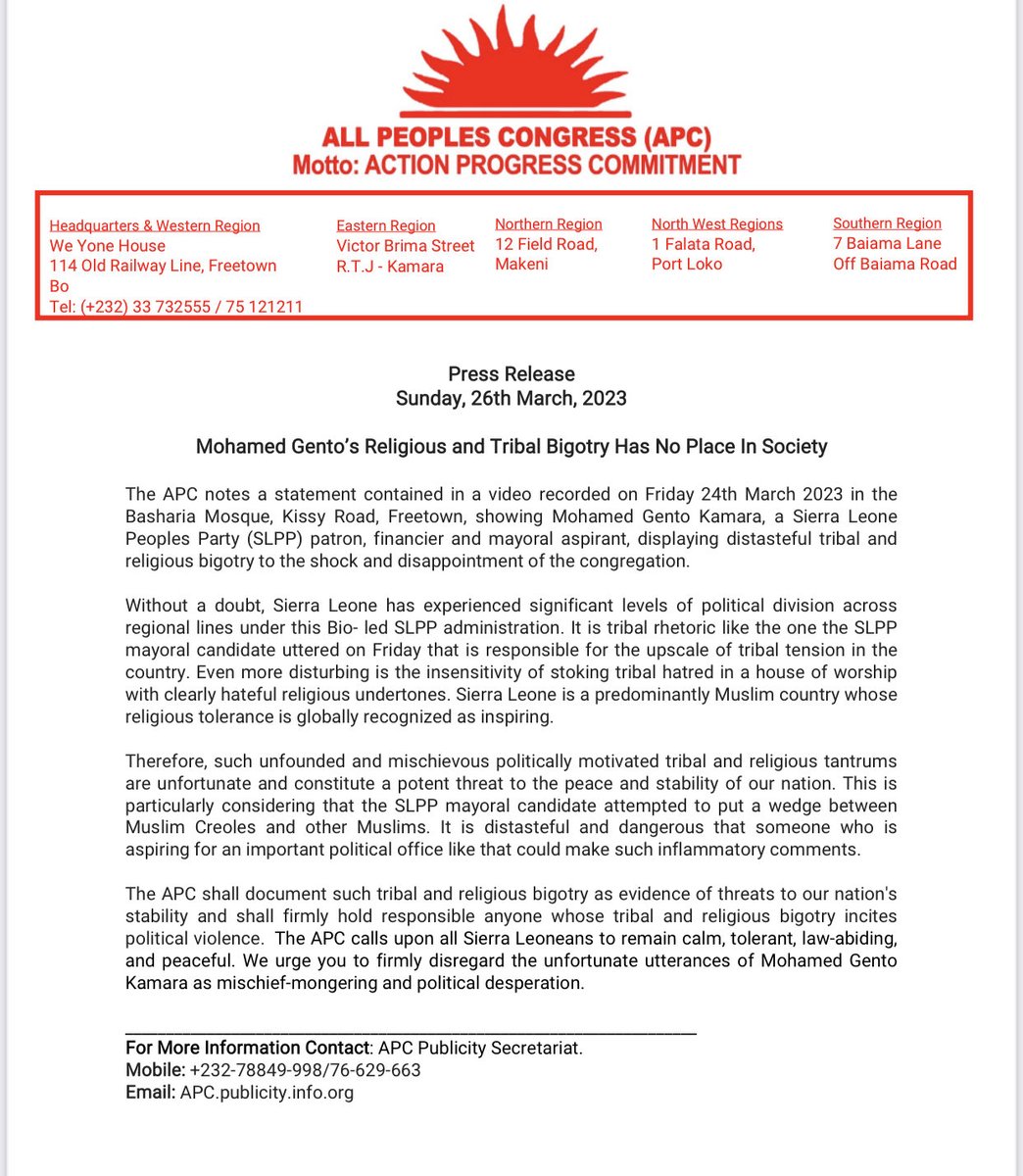 9668712ae8eb4b7's tweet image. #PPRC #GovernmentofSierraLeone The hope for peace in Salone amidst SLPP’s induced political tension, tribal bigotry and regional divide hangs on religious tolerance. Hopefully the IRC, CSOs and political parties will join APC and SLAJ to enjoin #SLPP from compromising our peace