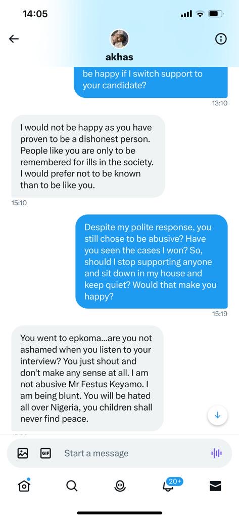 fkeyamo's tweet photo. Some days ago, an ‘OBIdient’ entered my DM and thought he had ‘finished’ me, so he decided to published our convo earlier today. It wasn’t long ago that other ‘OBIdients’ advised him to take it down. So, I decided to post what they took down as there is no hiding place for us all https://t.co/UQ8AdyHZVG