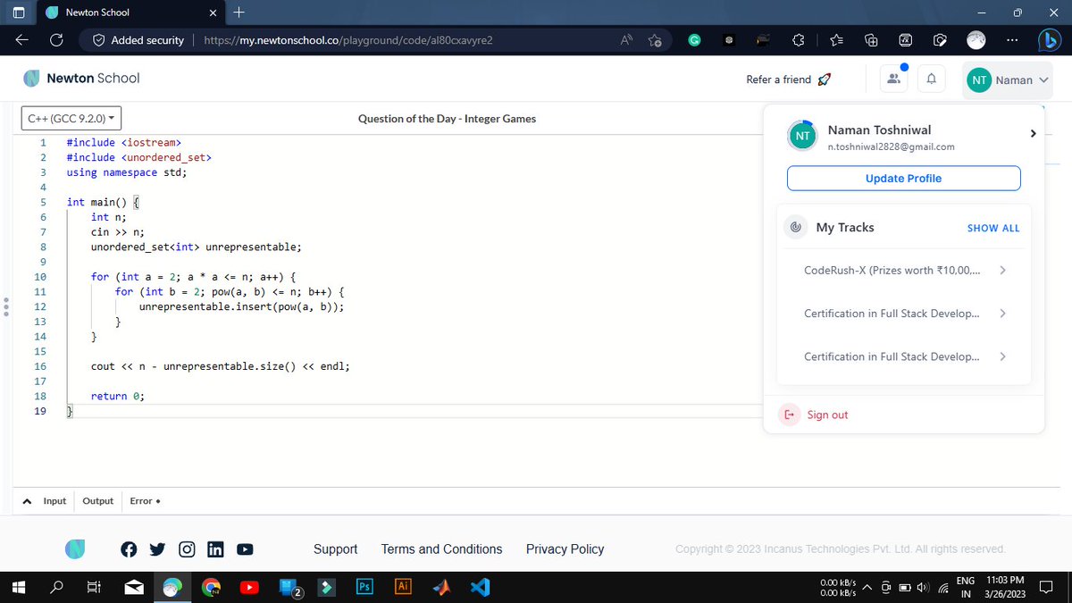 Toshniwal2828's tweet photo. Today I have solved Integer Games using #C++ #Day70 of #100Daysofcode 
@everydaycoders @_100DaysOfCode
#community #coding #programming #competitiveprogramming #codingchallenge #dsa #bubbleupcommunity #codedu https://t.co/P2kP4gx0Oz