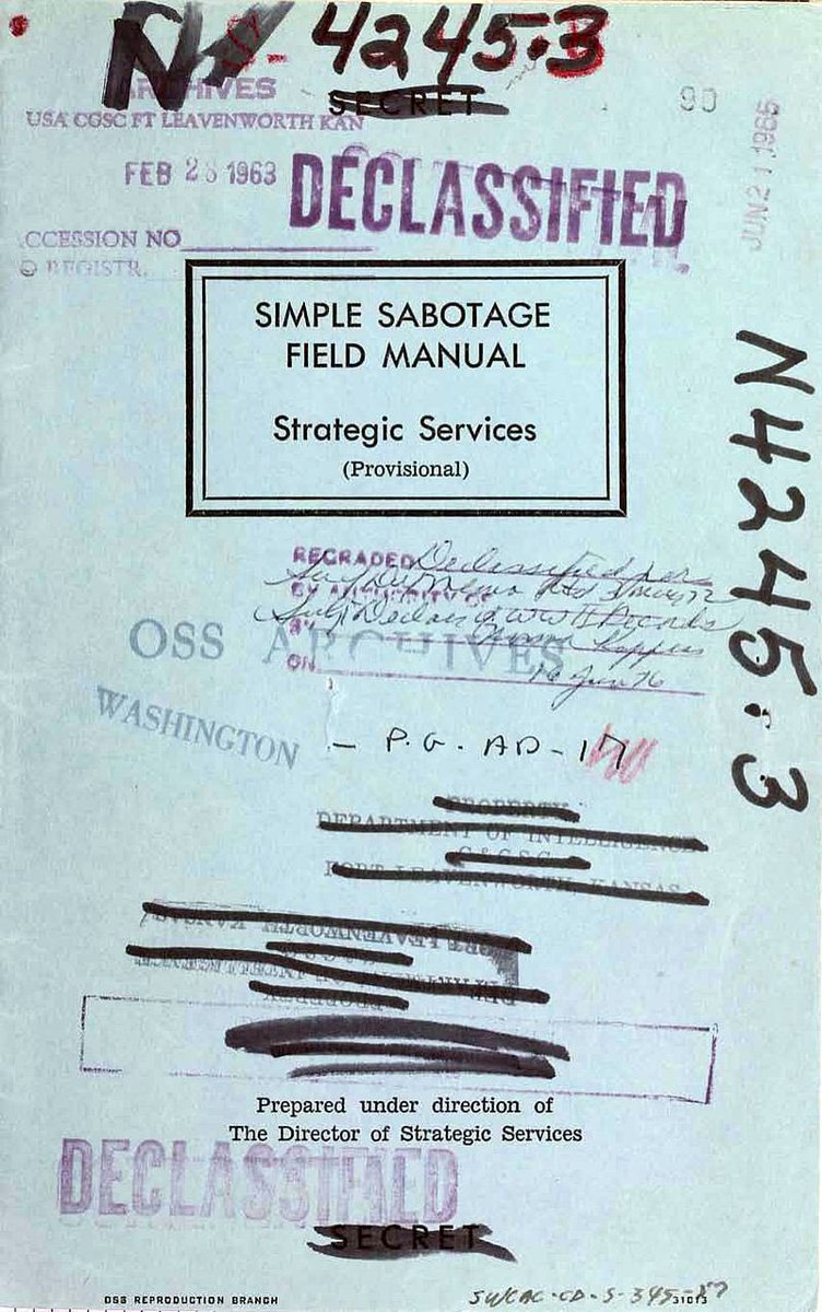 ivomartins's tweet photo. The CIA's playbook on how to ruin an organization from the inside is known as "The Simple Sabotage Field Manual," which was written in 1944 and declassified in 2008. The manual outlines various techniques that can be used to disrupt an organization's productivity, efficiency, and morale.

The techniques described in the manual include:

👉Insist on doing everything through "channels": This involves enforcing strict hierarchy and bureaucratic procedures that slow down decision-making and limit creativity.

👉Make "speeches": Deliver lengthy speeches filled with irrelevant information to waste time and demoralize employees.

👉When possible, refer all matters to committees: This involves delegating responsibility and decision-making to committees, which can lead to indecision, delays, and confusion.

👉Bring up irrelevant issues as frequently as possible: This tactic involves focusing on minor details or issues that are not relevant to the organization's goals to distract and demoralize employees.

👉Haggle over precise wordings of communications, reports, and resolutions: This involves nitpicking and arguing over small details of documents to delay progress and cause frustration.

👉Refer back to matters decided upon at the last meeting and attempt to reopen the question of the advisability of that decision: This involves questioning decisions that have already been made to create doubt and undermine confidence in leadership.

👉Advocate "caution": This tactic involves urging caution and avoiding risks, which can stifle innovation and progress.

👉Be worried about the propriety of any decision: This involves questioning the ethics and morality of decisions, which can create uncertainty and indecision.

👉Encourage bureaucracy: This tactic involves creating unnecessary paperwork, procedures, and rules, which can slow down progress and waste time.

👉Demand written orders: This involves insisting on written orders for every task, which can create a bureaucratic bottleneck and slow down progress.

Overall, the techniques described in the manual are designed to create inefficiency, confusion, and apathy within an organization, making it easier to undermine and ultimately destroy from the inside.
