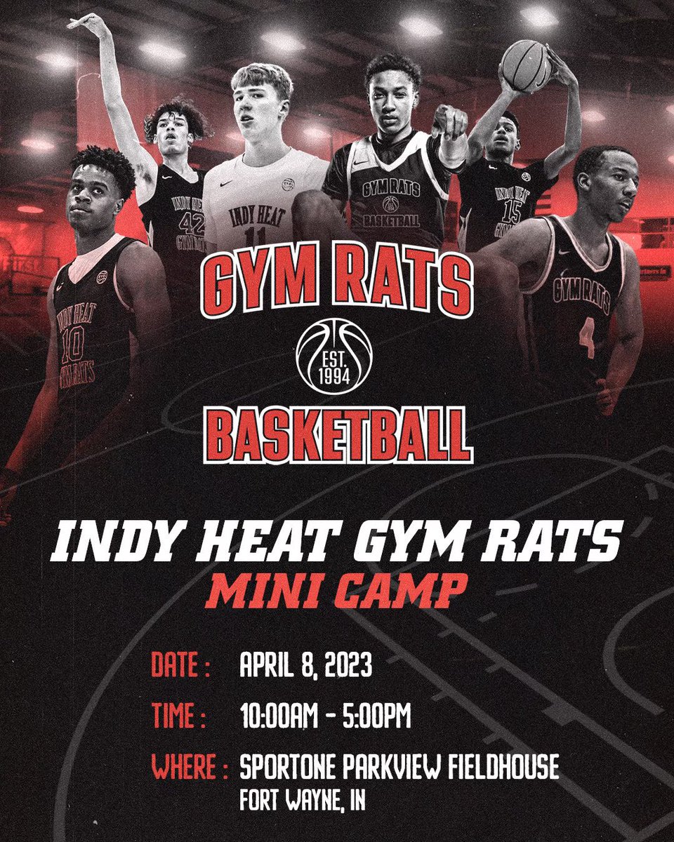 🗣️ Indy Heat Gym Rats Mini Camp 
📅 April 8, 2023 
⌚️ 10:00AM - 5:00PM 
📍 SportONE Parkview Fieldhouse (Fort Wayne, IN) 
🏀 Indy Heat Gym Rats teams only 

We are excited and thrilled to have our Gym Rats community under one roof. See you on the court 🔥