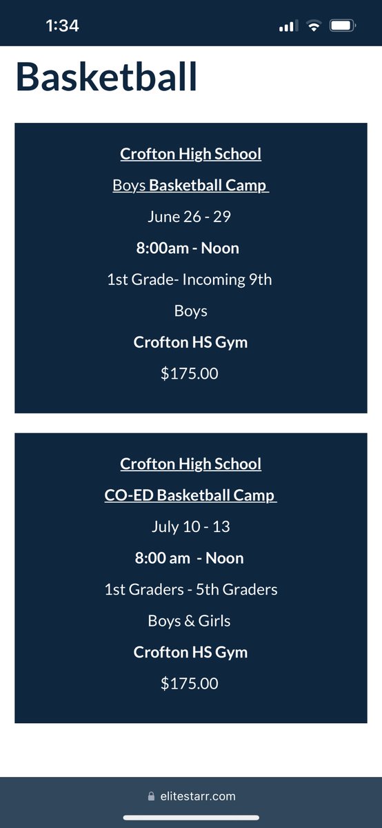 Crofton HS (MD) Boy’s Basketball (@bballcrofton) on Twitter photo Camp registration is now open!
2 great sessions available.
elitestarr.com/basketball
<a href="/BballCrofton/">Crofton HS (MD) Boy’s Basketball</a>
<a href="/EliteStarrAA/">Elite Starr AA</a>
<a href="/CroftonHsSports/">Crofton HS Athletics</a> Camp registration is now open!
2 great sessions available.
elitestarr.com/basketball
<a href="/BballCrofton/">Crofton HS (MD) Boy’s Basketball</a>
<a href="/EliteStarrAA/">Elite Starr AA</a>
<a href="/CroftonHsSports/">Crofton HS Athletics</a>