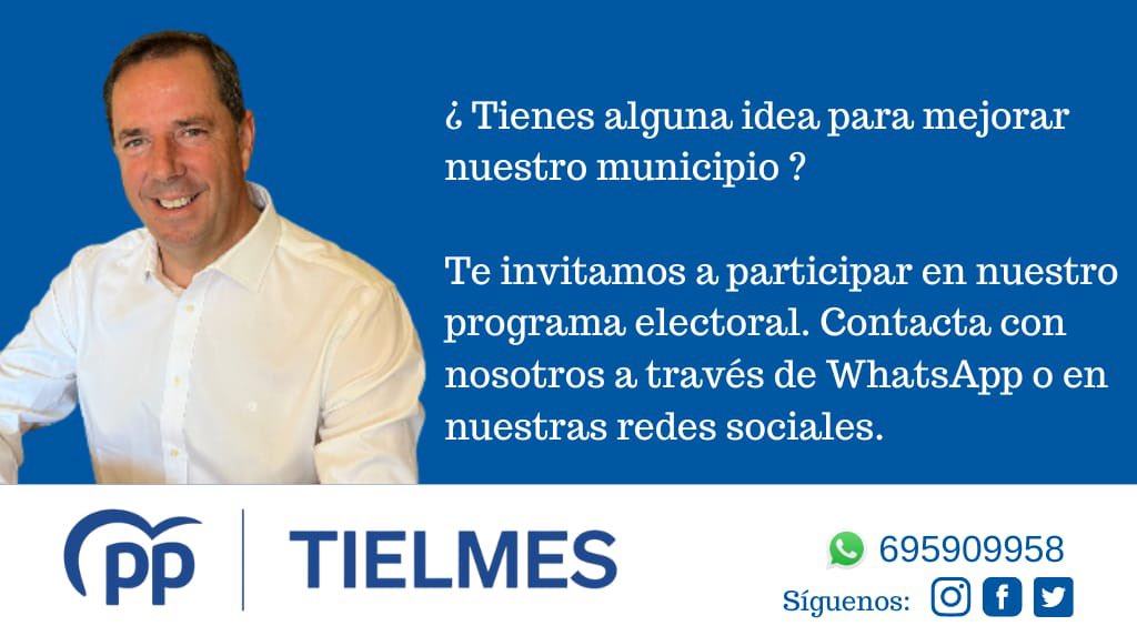 PP_Tielmes's tweet photo. 💡 ¿Tienes alguna idea o propuesta para mejorar nuestro municipio?

 🫵🏻 ¡Te invitamos a participar en nuestro programa electoral!

📲 Cuéntanos tus sugerencias a través de WhatsApp (695909958), o nos escribes a través de nuestras redes sociales.

#TielmesEntreTodos #Ganas https://t.co/PBtzJsBXaT