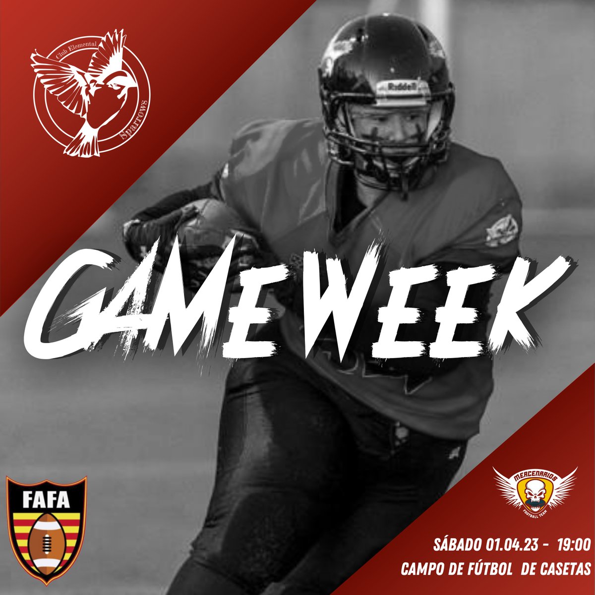 Os esperamos el próximo sábado 1 de abril a las 19:00 en el Campo de fútbol de Casetas (Camino Molino del Rey, 49) para disputar nuestro último partido de esta LAFAF contra <a href="/mercenarioszgz/">Mercenarios Futbol Americano</a> 
¡Nos vemos!