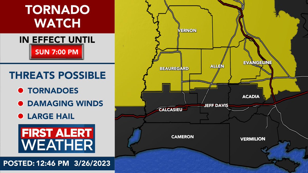 A Tornado Watch has been issued for the portions of SWLA until: Mar 26 7:00PM CDT.  Now is a good time to make sure you have our weather app downloaded: kplctv.com/apps