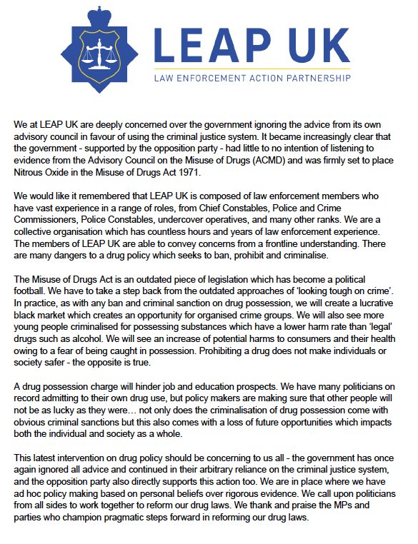 UKLEAP's tweet photo. A statement from LEAP UK on the government’s decision on Nitrous Oxide. In the strongest terms we challenge the government’s decision. 

Please do share if you support our stance.

cc @SuellaBraverman @ukhomeoffice @RishiSunak @Keir_Starmer @LucyMPowell https://t.co/YO7VaR5TXl