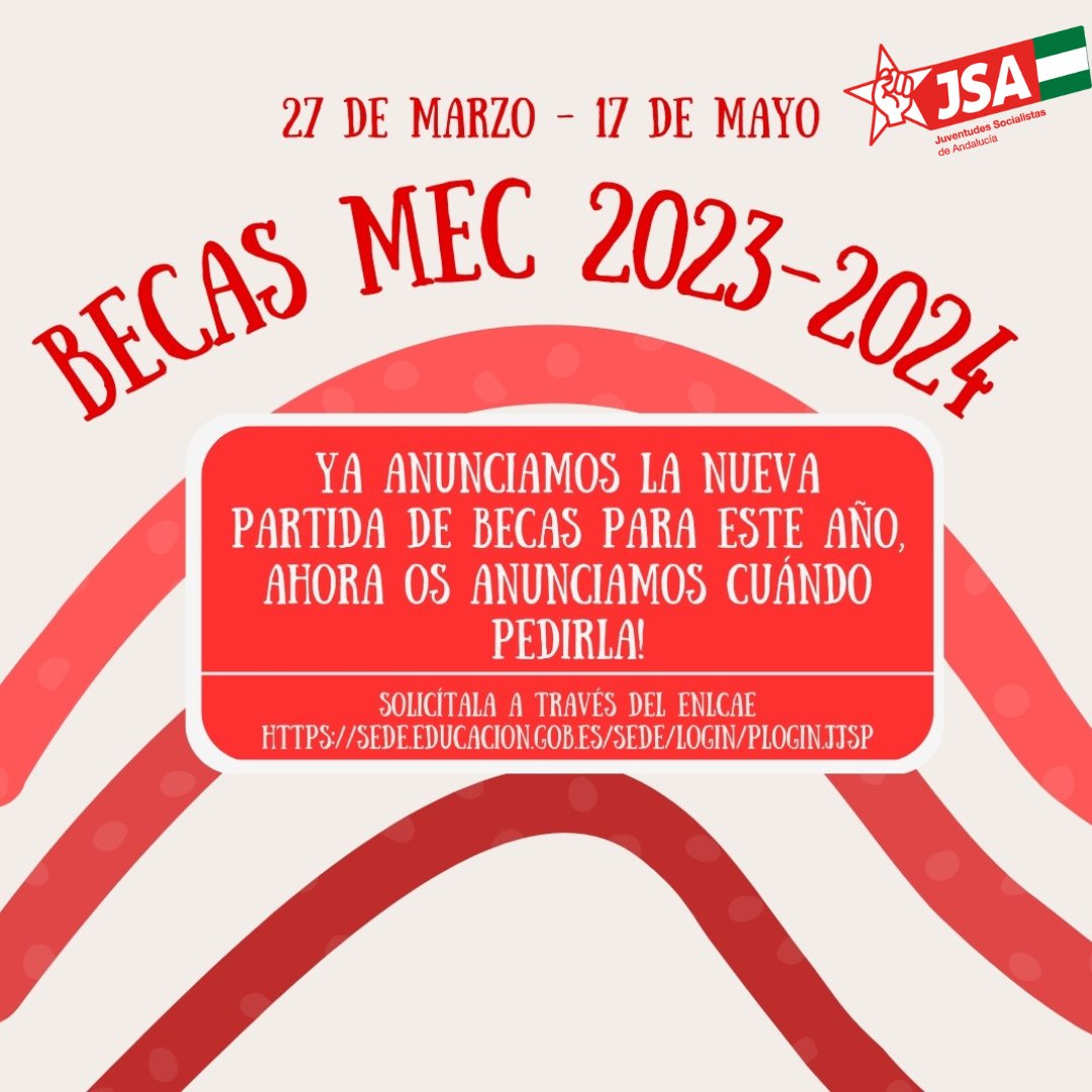 JSAndalucia's tweet photo. ➡️A partir de mañana lunes 27 de marzo estará disponible la solicitud de las Becas MEC hasta el próximo 17 de mayo para poder realizarla📝
https://t.co/Fzcwn39bGe https://t.co/uYCkzrrAmy