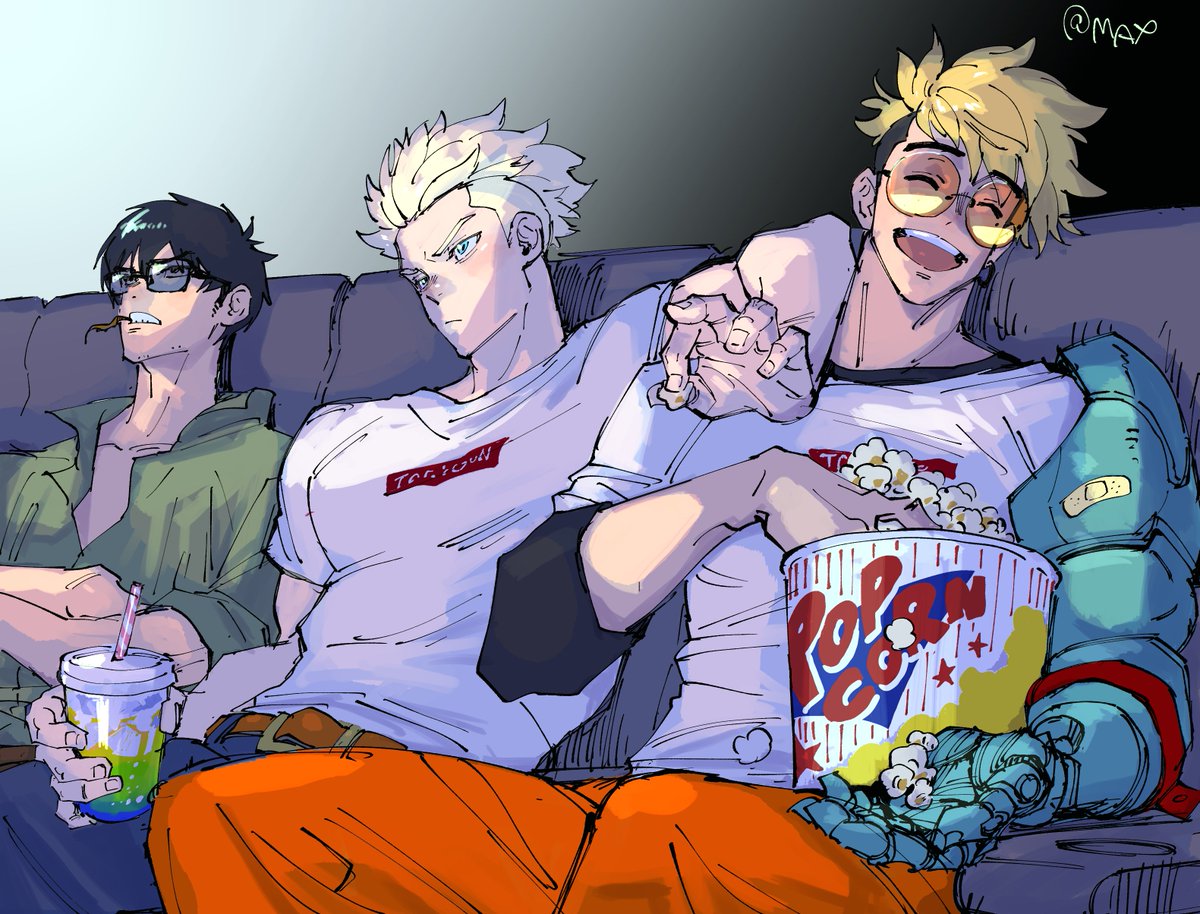 popcorn multiple boys male focus 3boys prosthetic arm blonde hair food  illustration images