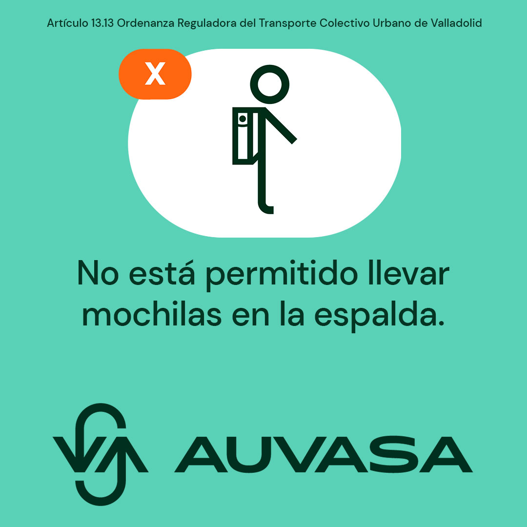 📢 Ordenanza reguladora del transporte colectivo urbano de Valladolid

👉 Para la comodidad de todos los usuarios, no está permitido llevar mochilas en la espalda

🔗 Más información en: valladolid.es/es/ayuntamient…