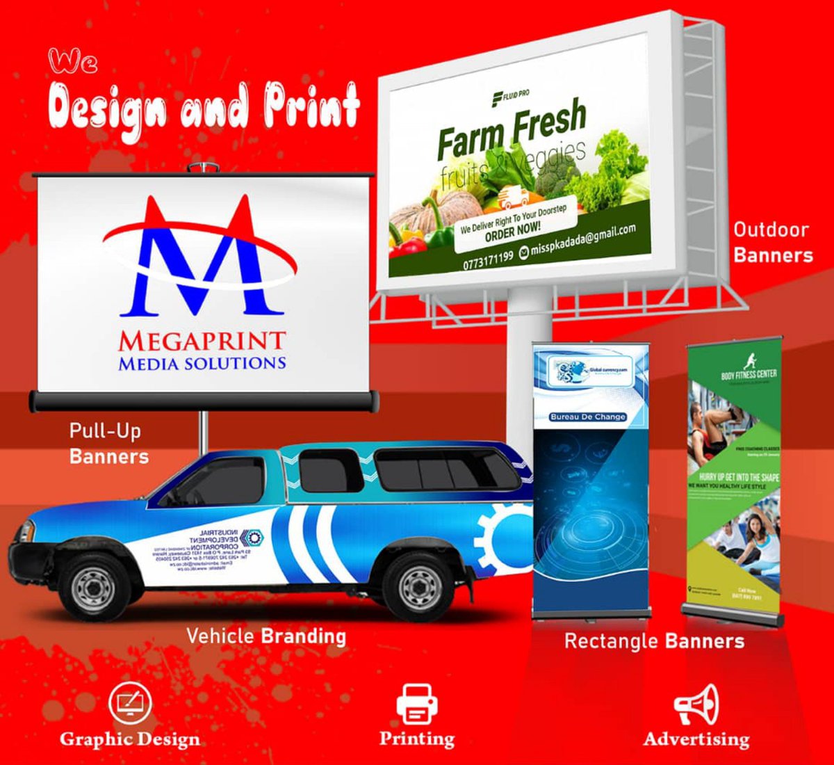 For all your designing and printing prerequisites, think MegaPrint Media solutions.

• Outdoor banners
• Rectangle Banners
• Pull-up banners
• X-frames 
• Teardrops
• Exhibition tents #weprint #wedesign 

Contact us on: +263779772080/+263777371659/+263777371652