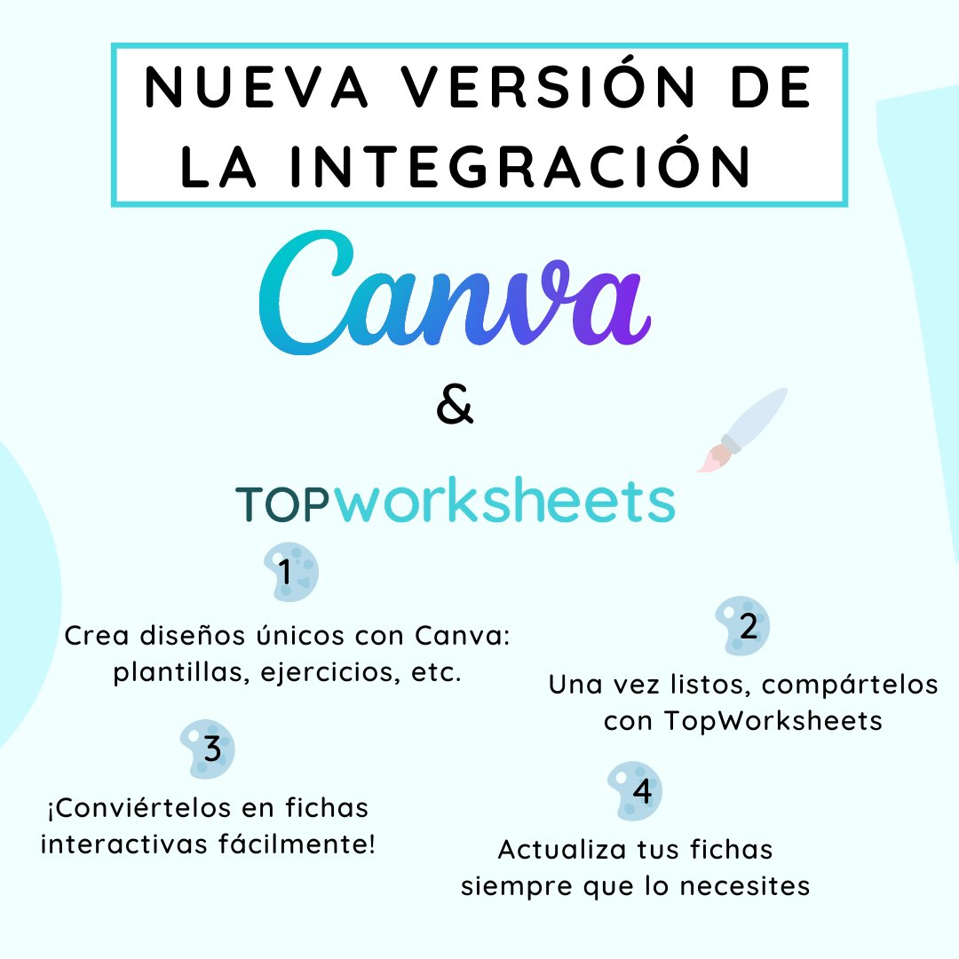 🔥 Nueva versión de la integración con Canva 🎨 Ahora mucho más potente: añade nuevas páginas, actualiza las actuales o crea fichas desde cero. Aprende cómo usarlo en nuestro tutorial topworksheets.com/help/tutoriale…