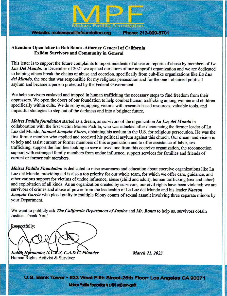 Open letter to Rob Bonta Attorney General of California #RobBonta #CADOJ #AttorneyGeneral #MoisesPadillaFoundation  #EXLLDM  #humantrafficking #believethevictims #YaBastaLLDM #JusticeForExlldmSurvivors
#EnoughLLDM #SaveOurChildren #LLDMCultSurvivor #JusticeToAll