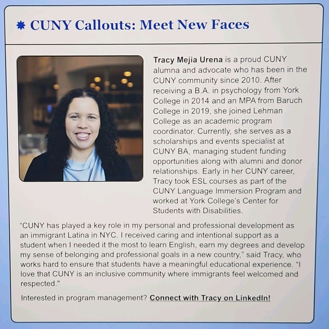 🙌 Kudos! to #MarxeAlumni Tracy Mejia Urena (#MPA '19), for being featured in the @CUNY Weekly. #MarxeSchool #MarxePride #MPA #HigherEducation #CUNY