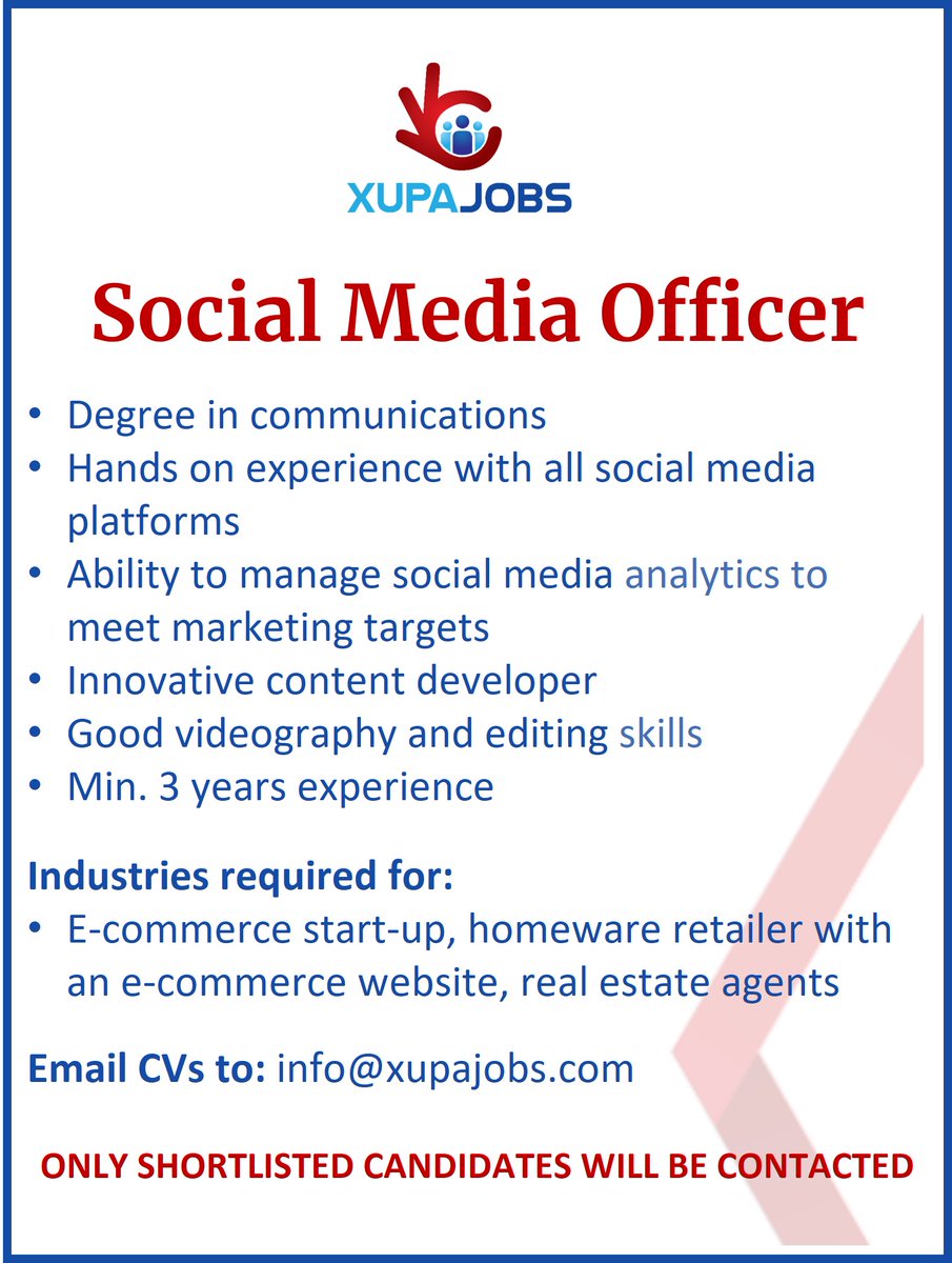 xupajobs's tweet photo. We have several clients looking to recruit #SocialMedia Officers/Managers based in #Nairobi to manage their #digital communications and marketing. Proven unique #creative experience is a must.
#outofthebox #jobsinkenya #marketing https://t.co/3bAmEJLVRU