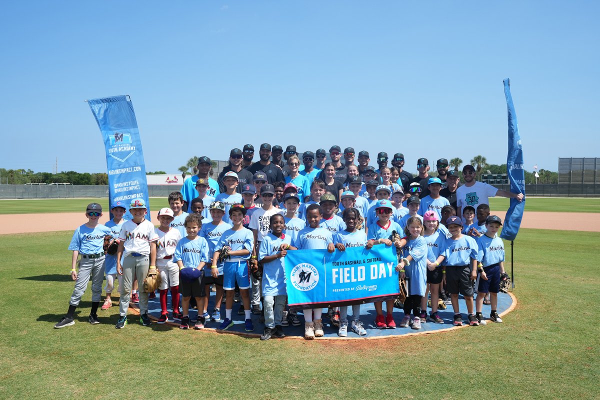 FDSN_Marlins's tweet photo. Had a blast at the @Marlins Youth Academy Field Day presented by @BallySportsFL. Our @THUT14 and @jeremytache loved going through drills with these future stars of the diamond! #MarlinsImpact @MarlinsImpact https://t.co/XsaVuZbnQT