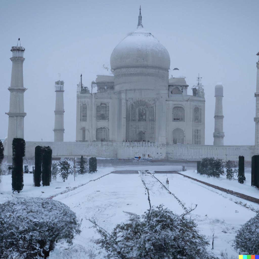 JayakrishnanIAS's tweet photo. Taj Mahal covered in snow | Tryst with Dall-E2  #AIArtwork #AIart #aigeneratedart https://t.co/0XtwvgQfat
