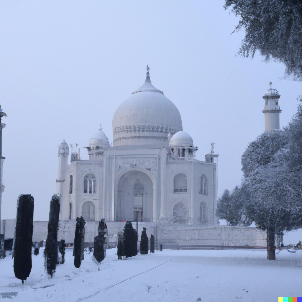 JayakrishnanIAS's tweet photo. Taj Mahal covered in snow | Tryst with Dall-E2  #AIArtwork #AIart #aigeneratedart https://t.co/0XtwvgQfat