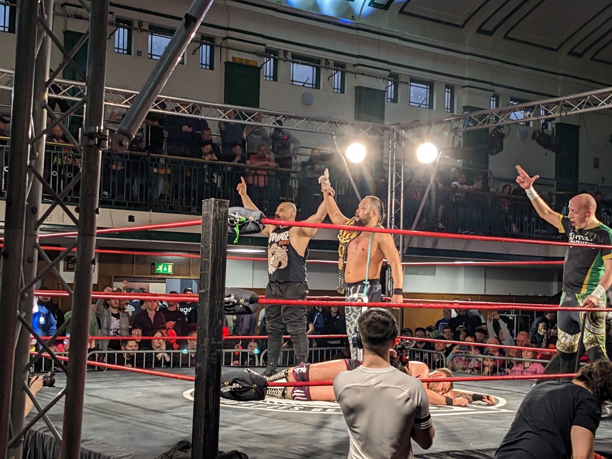 RobPoulloin's tweet photo. And still... A returning @RampageBrown helps the @Great_O_Khan defend the Undisputed British Heavyweight Championship against a valiant @RKJ450 #RevPro #RevolutionRumbke I guess United Empire had a recruitment drive? https://t.co/UectcUW0v8