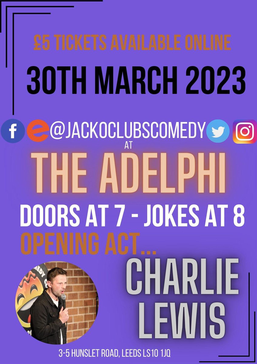 <a href="/clewiscomedy/">charlie lewis</a>, is ready - are you?
We are back at <a href="/AdelphiLeeds/">The Adelphi</a> on 30th March 2023!
Get your tickets now!
£5.00!
eventbrite.co.uk/e/556085134607
#comedy #comedian #comedyuk #leedscomedy #thingstodo #thingstodoleeds #westyorkshire #westyorks #thingstodoyorkshire