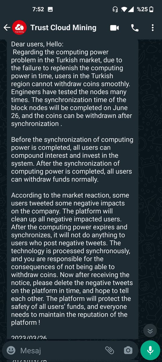 MertIk25864894's tweet photo. #TrustCloudMining #trustmining #TrustWallet #scammer #CloudMining #BTC #Bitcoin #Binance (@trust_mining8) Now they started to threaten us. You cannot silence us. Do not trust these scammers. https://t.co/DjxA1FCh9e