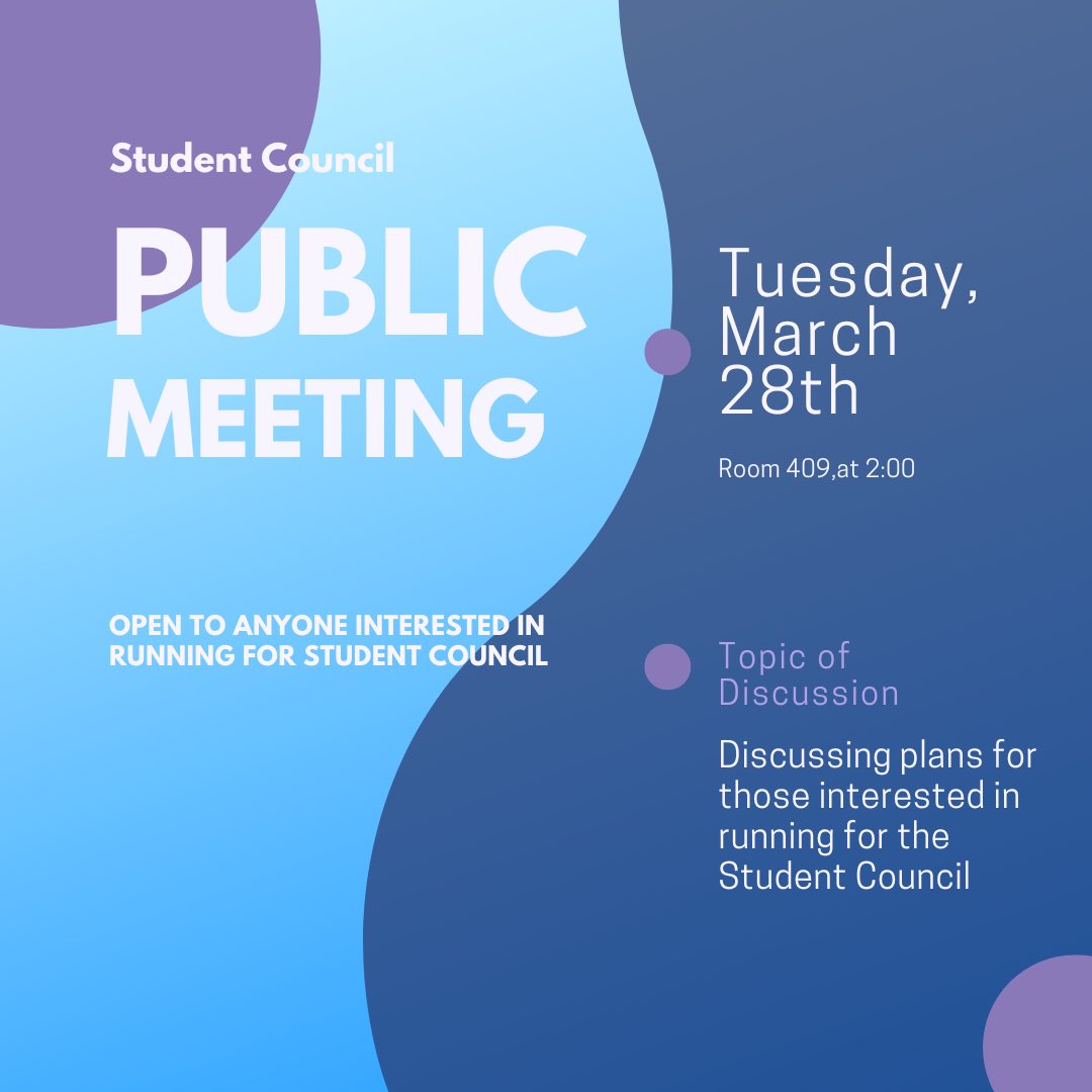 We will be having a Public meeting this Tuesday, March 28th, in Room 409, for anyone interested in running for the Student Council Executive Board! Hope to see you there!