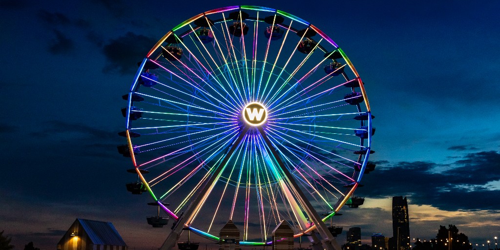 VisitOKC's tweet photo. We're so excited for the @wheelerdistrict Ferris Wheel to reopen on April 1! 🎡 #SeeOKC https://t.co/ISYlxQepmq https://t.co/5eCBIksYCd