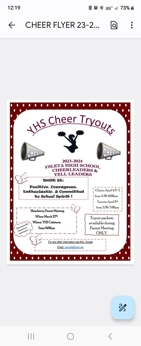 YHS_Cheer's tweet photo. 📣 Ready to join and be a part of an amazing team at YHS⁉️
🎀 YHS Cheer will host a mandatory parent meeting on Monday, March 27, 2023❗️
📣We are excited to get 2023-24 started‼️
See you here. 🏹
#cheerislife🎀📣 https://t.co/WNmuiKHzt8