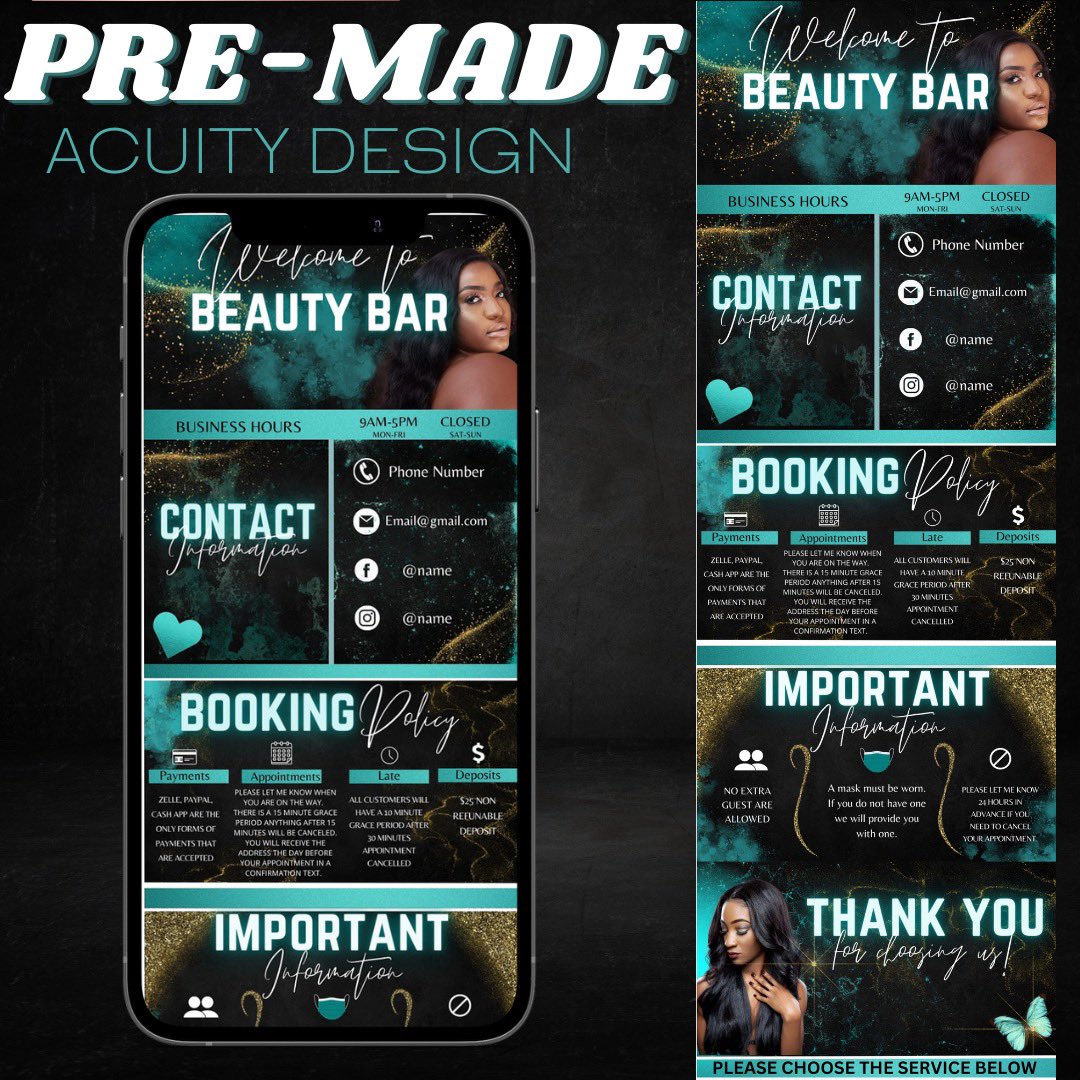 TheMarketingSt's tweet image. This teal and gold pre made acuity design is 🔥🔥🔥🔥 Which one is your favorite? ✨ .
.
.
#acuity #acuityscheduling #acuitydesign #acuityrevamp #acuitywebsitedesign #acuitysitedesign #acuitybookingsite #acuitybooking #acuitybookingrevamp #acuitybookingdesign