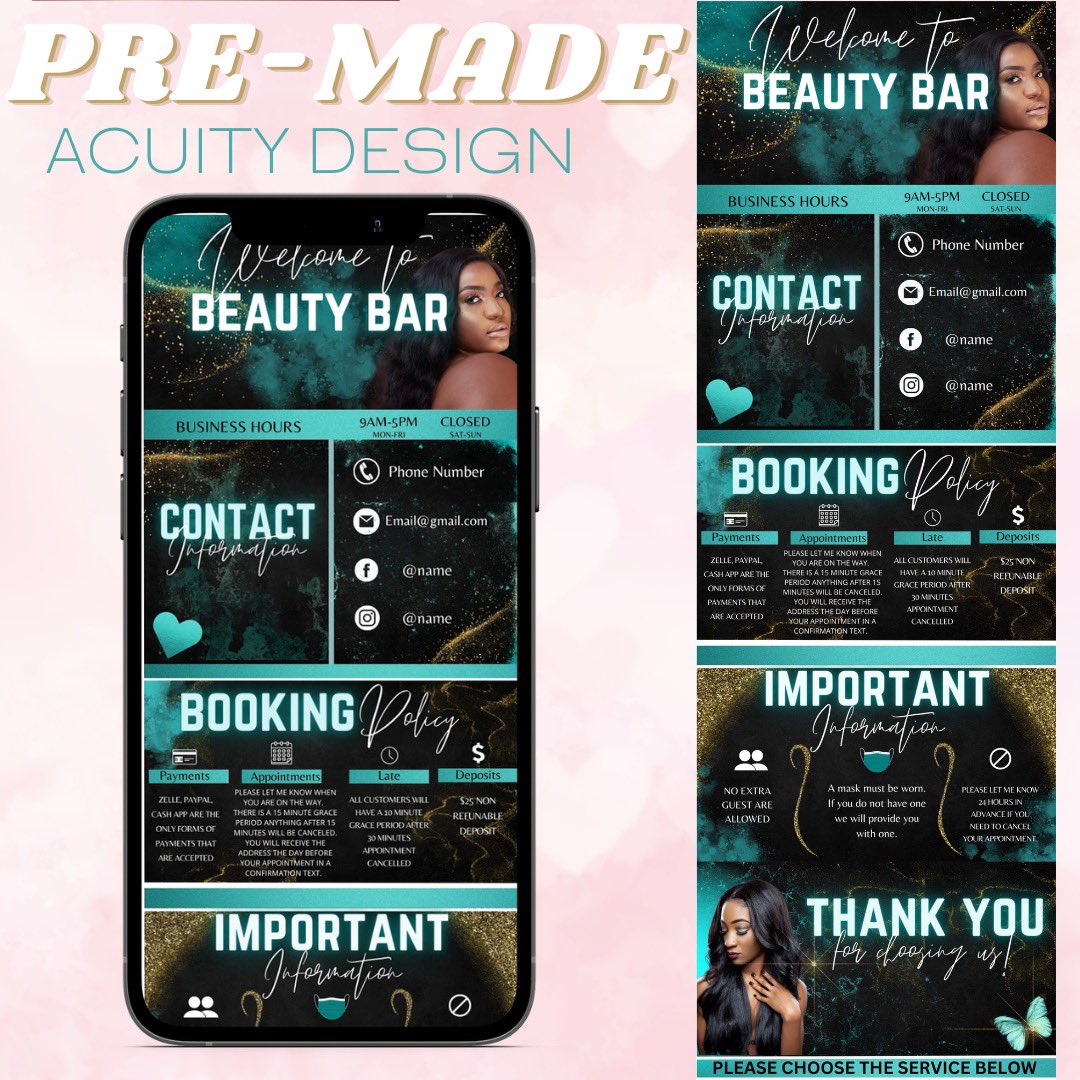 TheMarketingSt's tweet image. This teal and gold pre made acuity design is 🔥🔥🔥🔥 Which one is your favorite? ✨ .
.
.
#acuity #acuityscheduling #acuitydesign #acuityrevamp #acuitywebsitedesign #acuitysitedesign #acuitybookingsite #acuitybooking #acuitybookingrevamp #acuitybookingdesign
