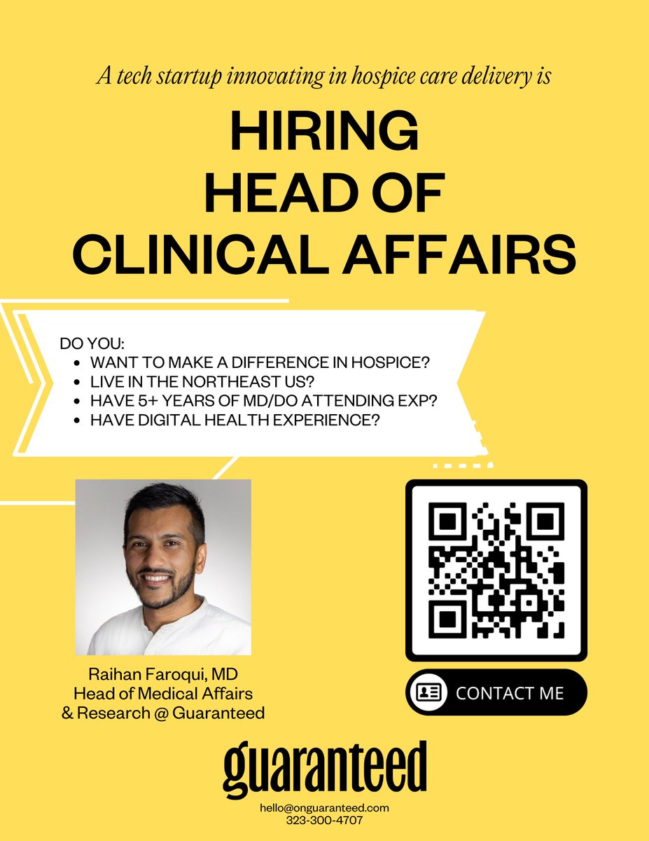 In case you missed our hiring flyers around #hapc, check it out here! We're hiring for a part-time Head of Clinical Affairs to help us innovate in hospice care delivery. Full JD is here: jobs.ashbyhq.com/guaranteed/fa9… pic.x.com/sxrsnJ2EwC
