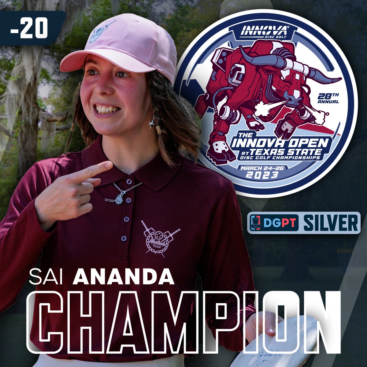 DiscGolfProTour's tweet photo. Congratulations to Sai Ananda for her FIRST career DGPT win at the 2023 Innova Open at Texas States! https://t.co/hB6k05cXhW