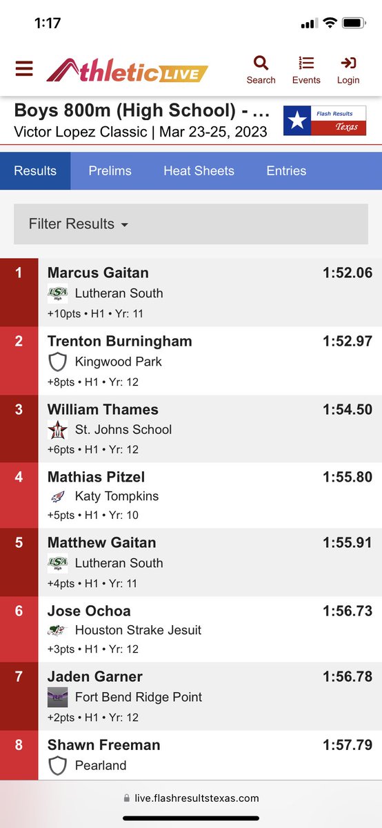 🥈 in 800m at Victor Lopez and a new PR this week 152.97. New KPark record. Ranked #3 in Texas