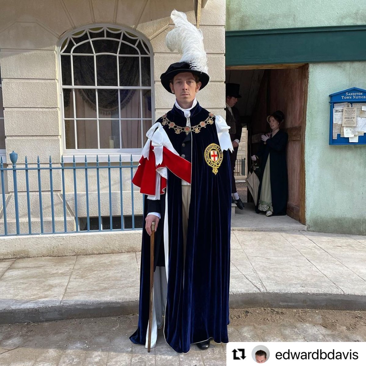 SanditonSister2's tweet photo. #EdwardDavies: “Imagine turning up on your first day of work and they put you in this. Thanks @stylingbylauren for keeping me humble.
#knightofthegarter #peacock #ostrich #dodo” 😅 

#SanditonS3 Ep 2 tonight on #MasterpiecePBS 

#SandiSpoiler #Sanditon https://t.co/znhB9RO19e