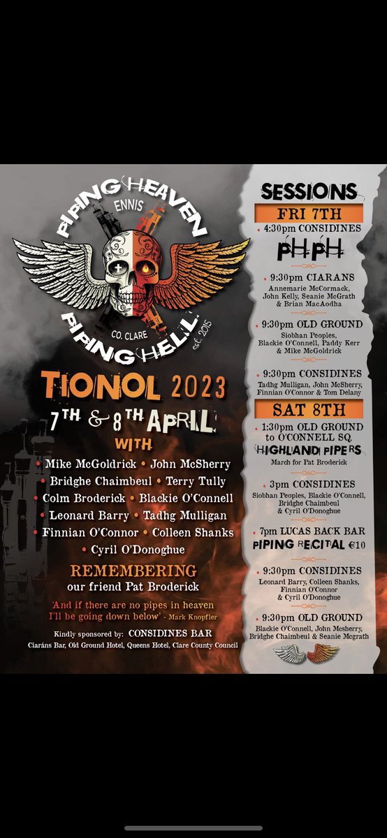 Piping Heaven/Piping Hell Tionol in Ennis. April 7th & 8th #uilleann #Considines #PHPH #Blackie #Ennis #visitclare #sessions #piping #uilleannpipers