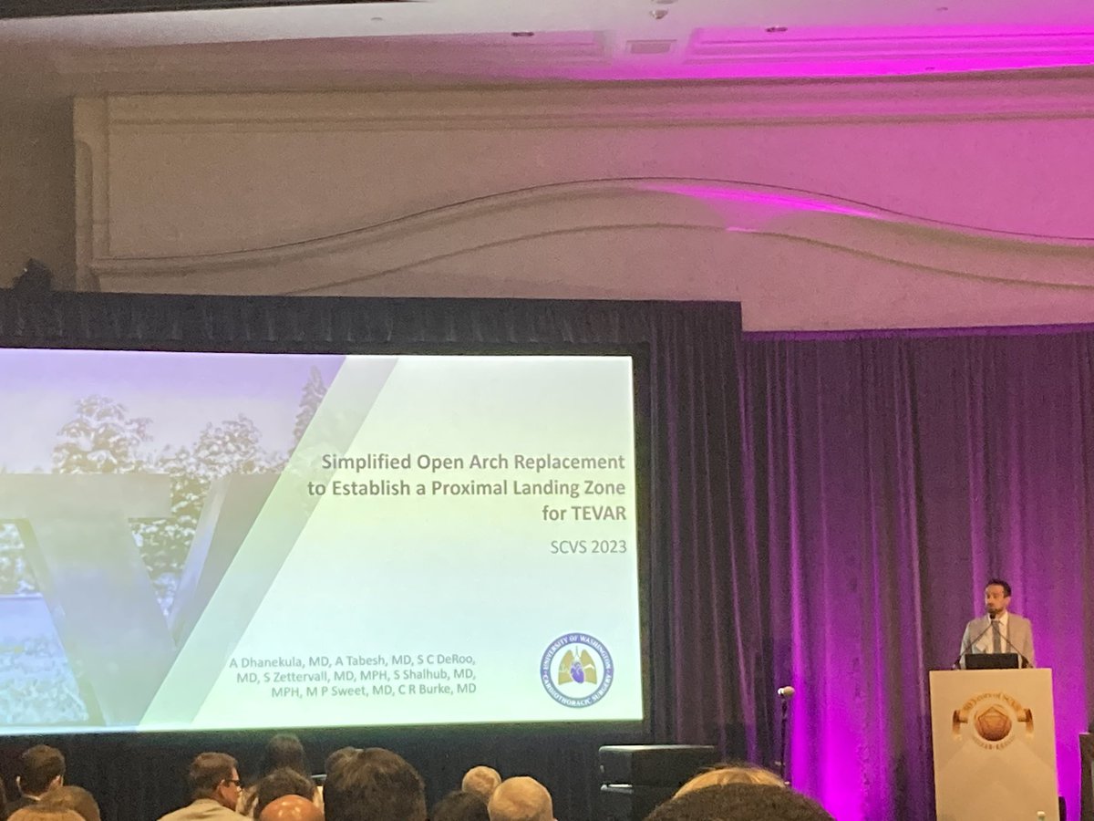 UWVascsurg's tweet photo. Dr Dhanekula discussing outcomes of proximal aortic arch replacement to achieve a durable TEVAR seal zone at #scvs2023 @SZettervallMD @chrisryanburke @ShereneShalhub @ScottDeroo @SCVS1969 https://t.co/b0RPfr260S