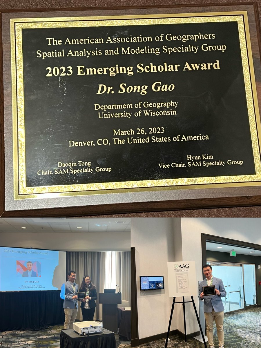 gissong's tweet image. #AAG2023 I feel so honored to receive the 2023 Emerging Scholar Award of the @theAAG @SpatialAag ! Many thanks to my mentors, students, and collaborators! I will continue my efforts on serving and contributing to our SAM and GIS communities! @UWMadisonGeog