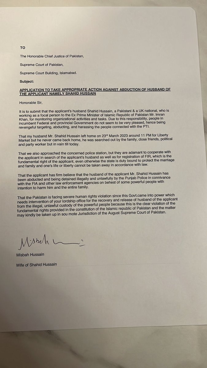 makhnee's tweet photo. Letter by Mrs. Shahid Hussain to the Supreme Court of Pakistan, demanding immediate release of her husband. Hoping the Chief Justice Of Pakistan will co-operate with us and safely release my uncle from this unwarranted capture (In Sha Allah).
@PTIofficial @ImranKhanPTI https://t.co/1pVkpc2FvX