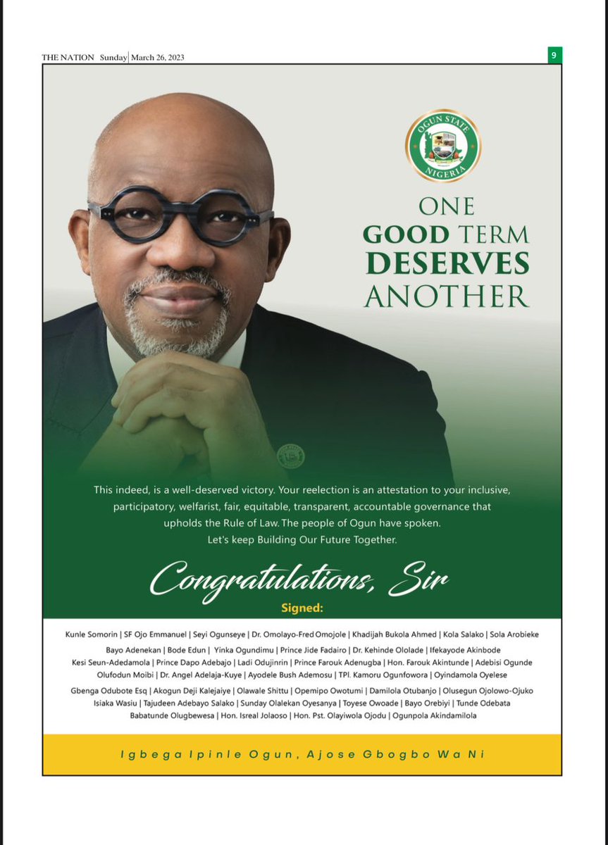 C O N G R A T U L A T I O N S, His Excellency, Prince Dr. Dapo Abiodun, MFR, on your re-election as the Governor of Ogun State.

#OgunState #ogsg #iseya #BuildingOurFutureTogether