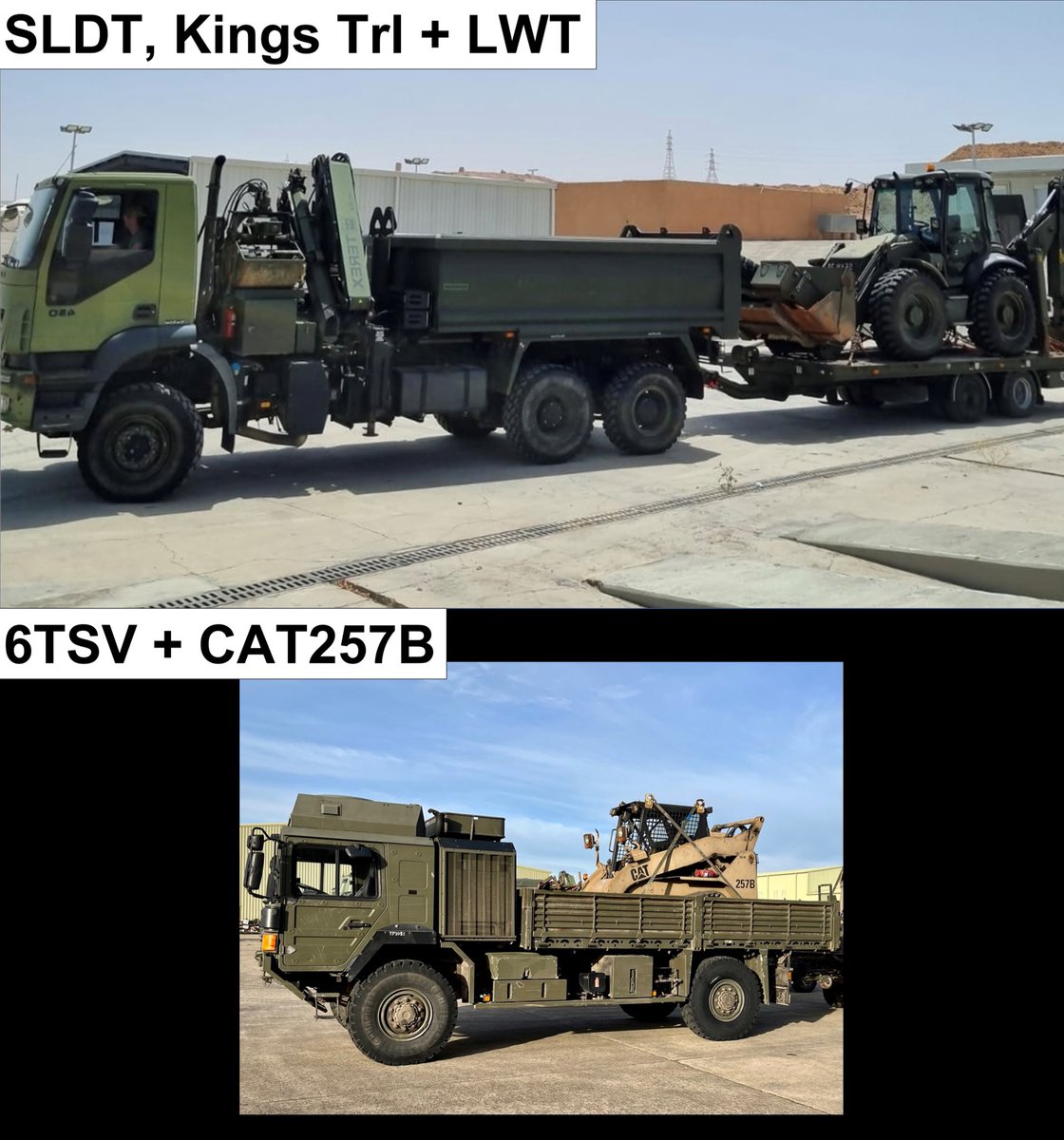 AirborneSappers's tweet photo. LWTs (on SLDT+Kings Trl) can be a bulky, visible &amp; qual’ heavy package to dig-in Lt Role forces. We’ve shown a CAT257B &amp; ancils can be moved on a 6T truck using COTS ramps – a comparatively compact config, and a 0.6m COTS bucket makes digging only 5-10% slower than a LWT. 🧵 7/8 https://t.co/rc3JfYmUPK