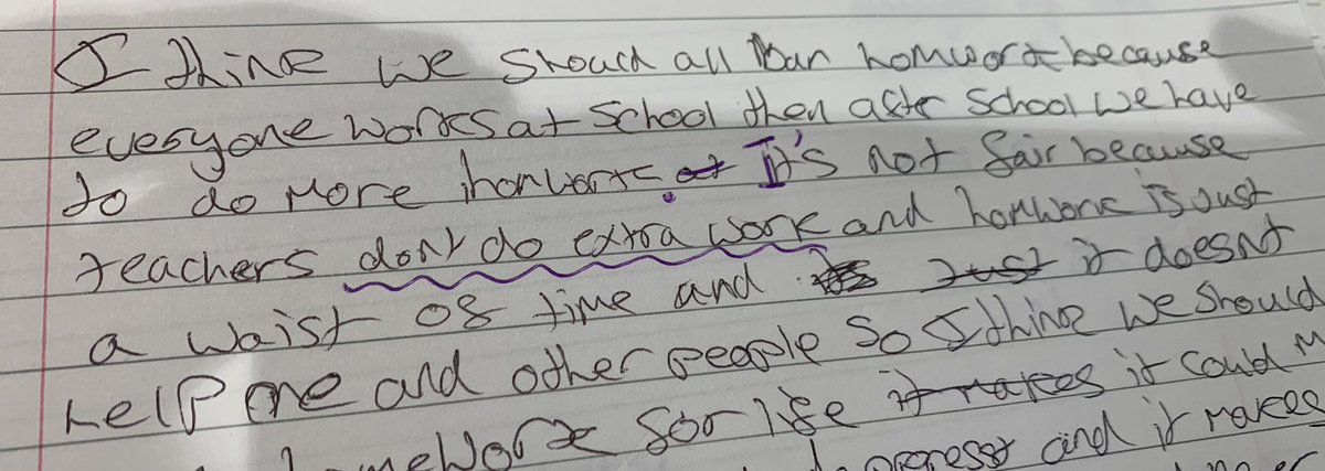 Marking some bottom set Y8 persuasive writing about the pros and cons of homework. This kid… 🙄😂