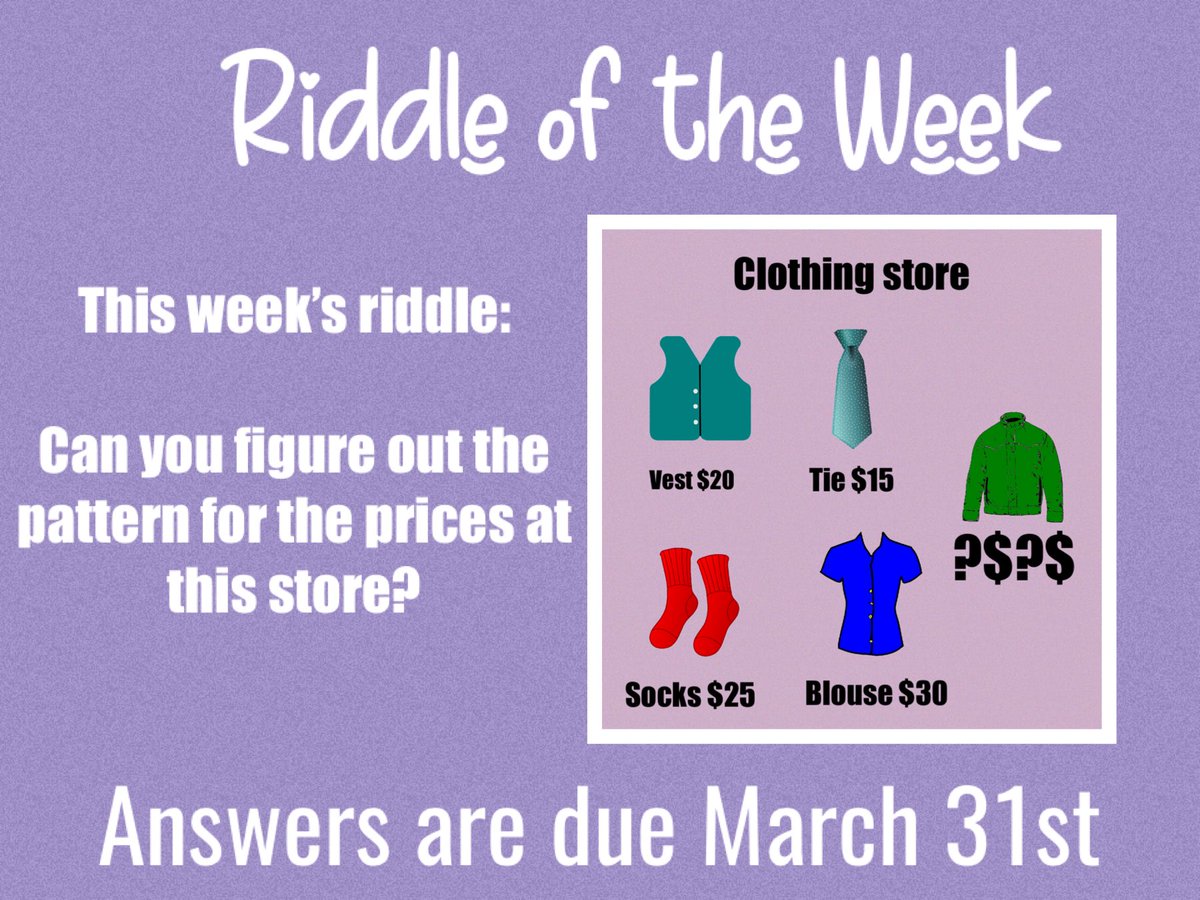 RiddickRobbin's tweet photo. This weeks riddle challenge! Can you figure out the pattern of the prices? Comment below with your answer #riddleoftheweek #MsRobbinsNest https://t.co/QmAVIrmHu0