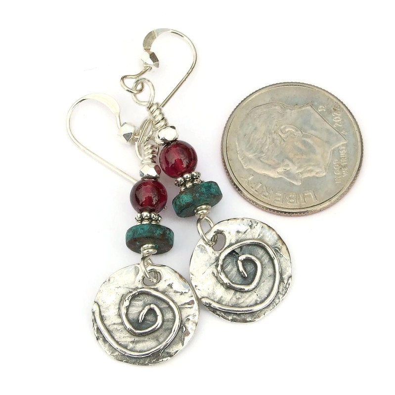 New! Sterling silver #spiral charm #earrings w/ vintage #turquoise & almandine #garnet! bit.ly/SacredSpirals via @ShadowDogDesign #ShopSmall #Spirals #SpiralEarrings