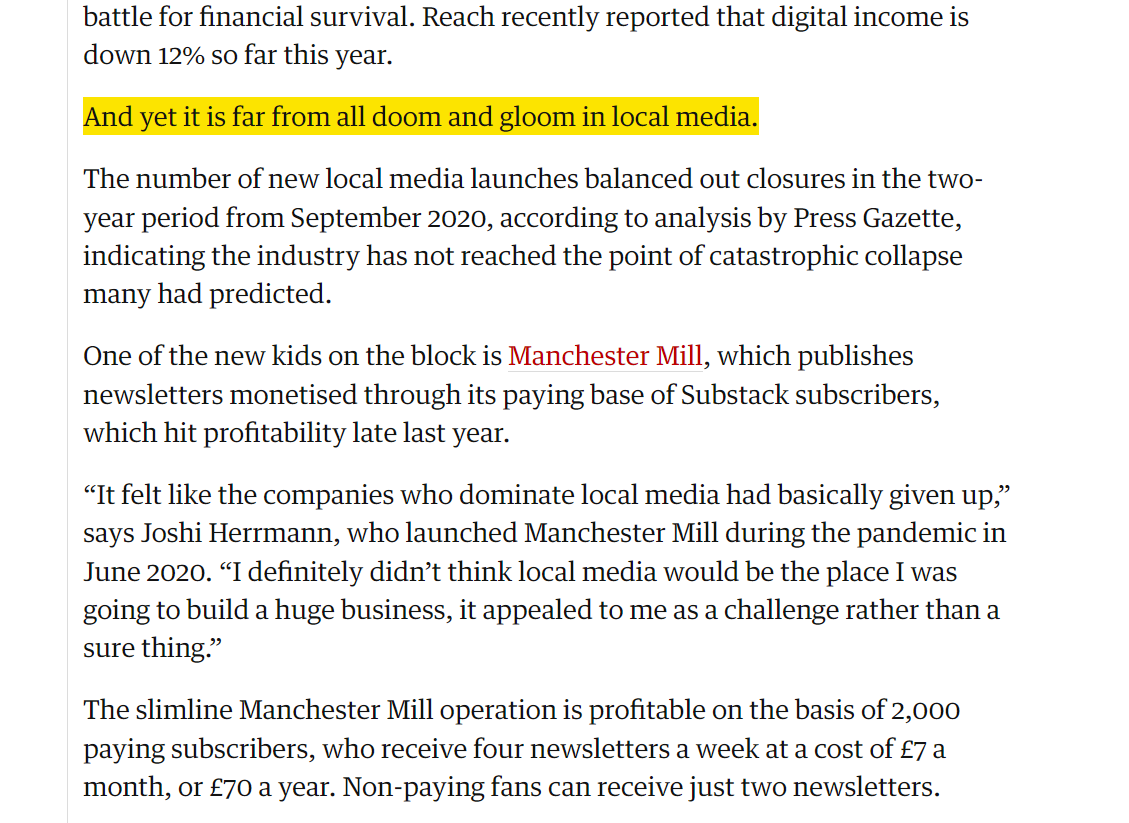 Big thanks to the <a href="/guardian/">The Guardian</a> for featuring us in the "it's far from all doom and gloom" section of this big piece on local journalism 🙏🗞️