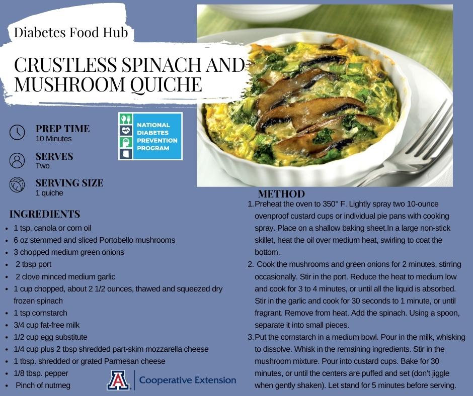UArizonaDPP's tweet photo. Today is National Spinach Day! Here’s a wonderful recipe for quiche.

Recipe Link: https://t.co/HqCOh1o2wL

#diabetes #type2diabetes #universityofarizona #cooperativeextension #recipe #tasty #food #quiche #spinach #mushroom #nationalday #nationalspinachday #crustless #meal https://t.co/MsyswySK7p