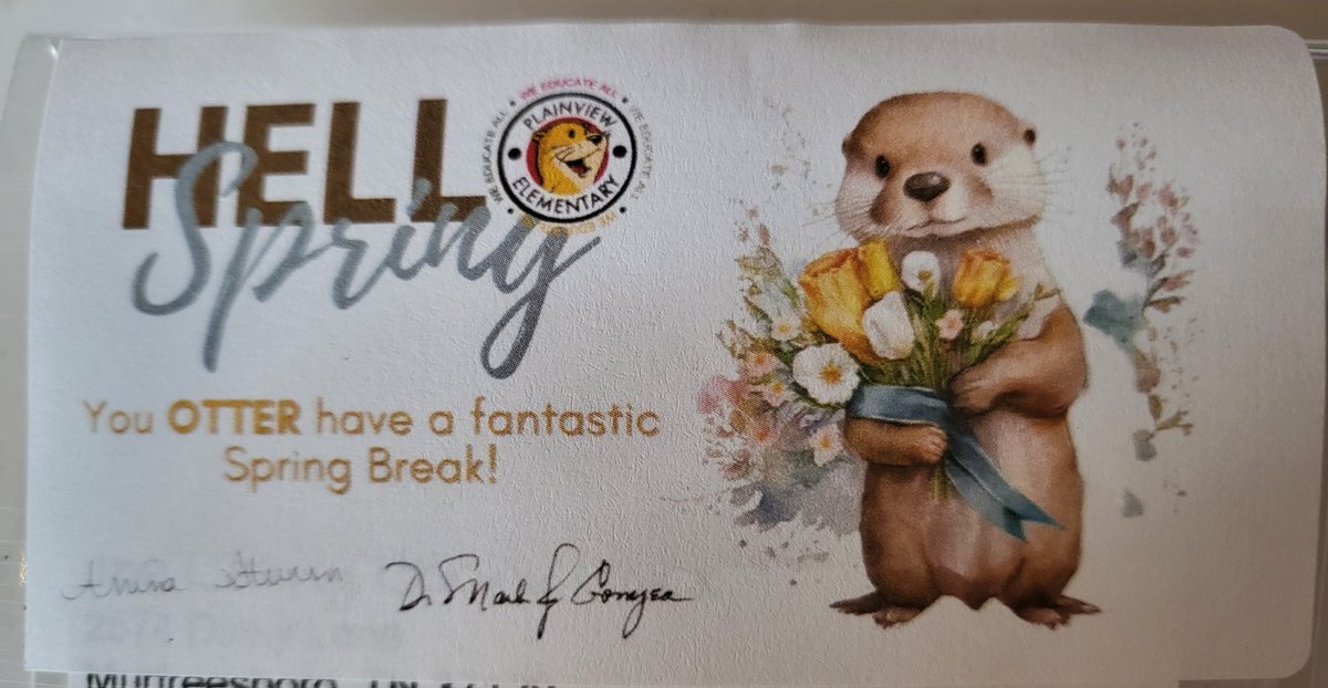 RigsbysOtters4's tweet photo. Spring Break treats with rest filled wishes from our incredible admin @DrMarkJGonyea @Anna_Sturm10 @plainviewElem! Being an otter is such a gift! #bucketfillers
#raftBuilders https://t.co/mpLBzV8aqd