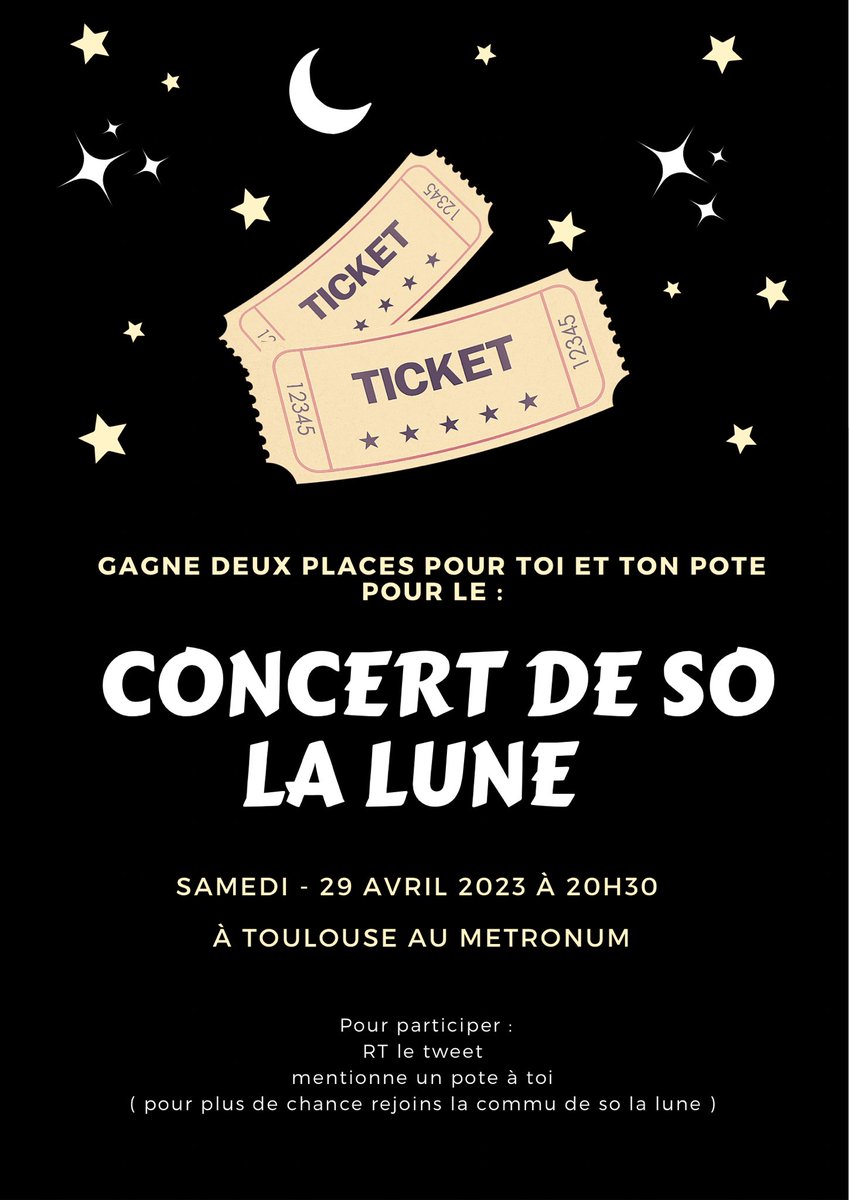 fcsolalune's tweet photo. 🎉Concours🎉

Gagne une place pour toi et un ami pour le concert de So La Lune à Toulouse  !

Pour participer :

- RT ce tweet
-  Mentionne ton ami
- (Facultatif) : rejoins la communauté de So La Lune

Bonne chance à tous ! https://t.co/d5w9Oyoyld